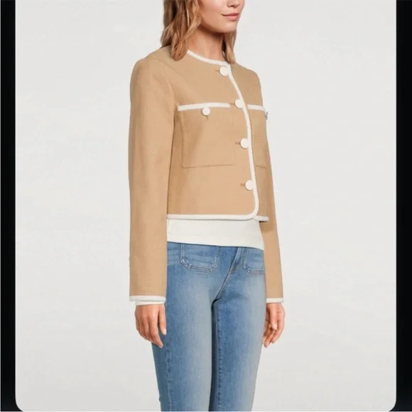 Veronica Beard Beale Contrast Detail Cotton Blend Tweed Jacket in Khaki Size 14 - Picture 2 of 14